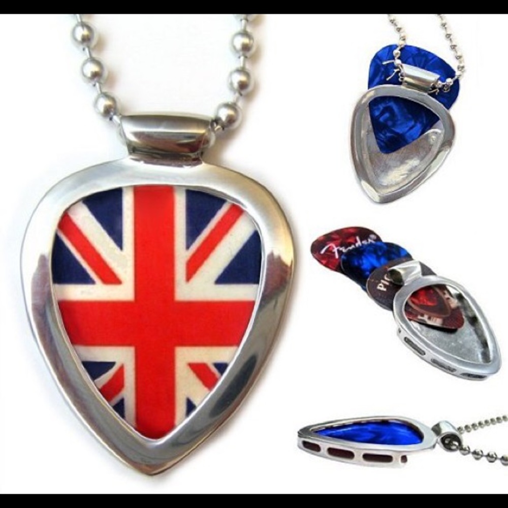 Pickbay Guitar Pick Holder Pendant Necklace Gift Set + Union Jack Flag pick NEW